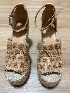 Marc Fisher LTD Mladawn Raffia Fringe Espadrille Wedge Sandals Ankle Strap 7.5